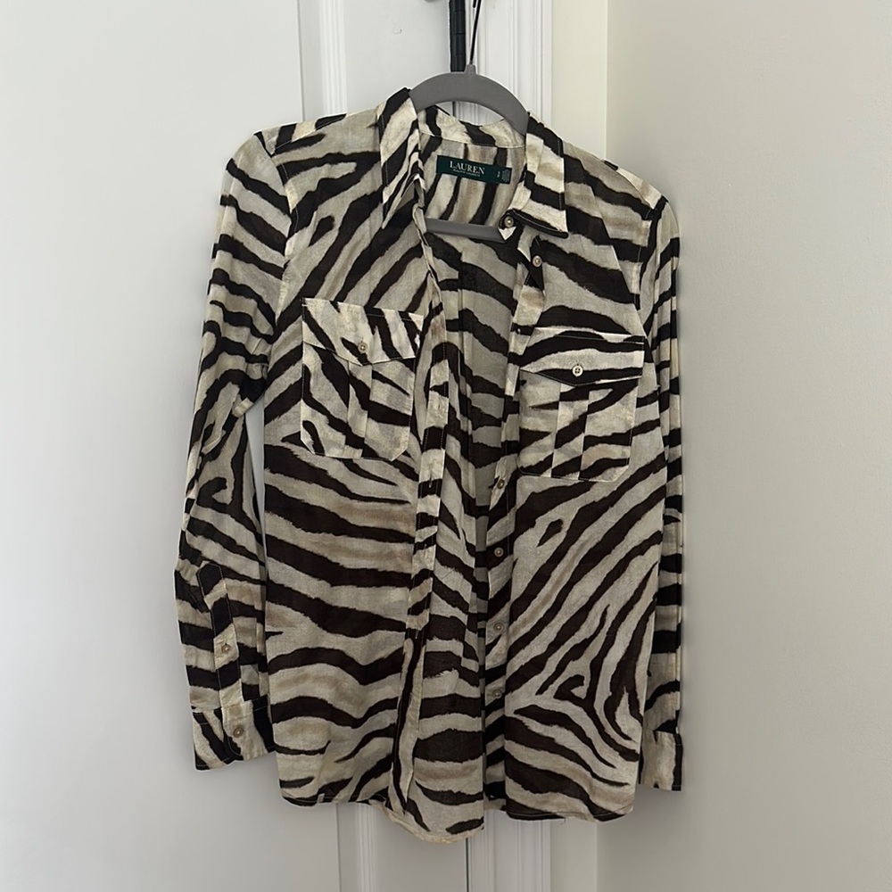 Ralph Lauren Brown and Cream Zebra Print Button Down Shirt size S 100% cotton